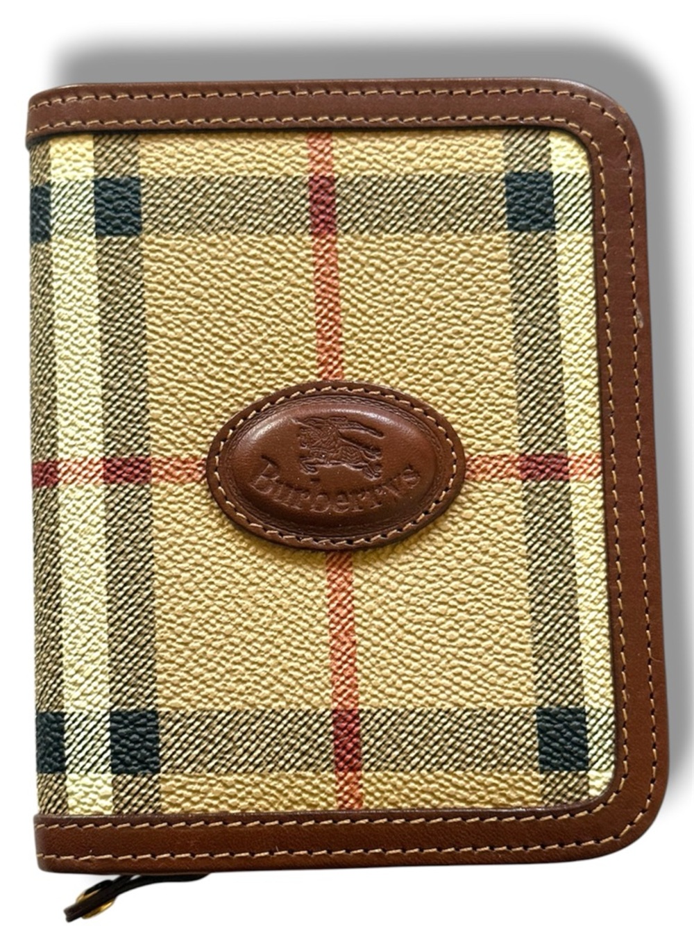 Burberry Beige Check and Brown Leather Zip Card Holder